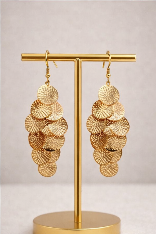 Textured Gold Disc Drops Earrings - Image 4